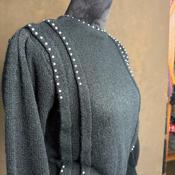 Vintage Donagain Black Beaded Pearl Accent Sweater Acrylic Knit Sz M - Picture 3 of 11